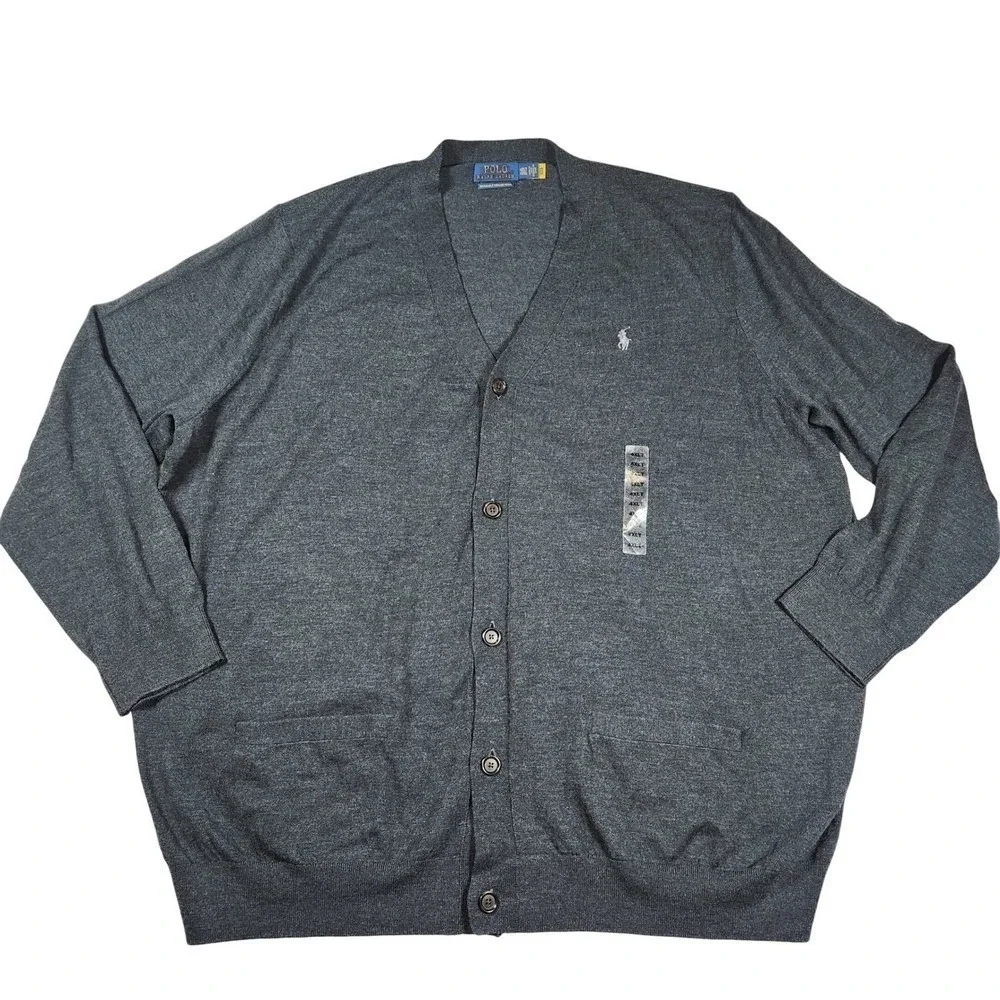 Polo Ralph Lauren‎ Merino Wool Cardigan Sweater 4XLT Big and Tall Dark Gray NWOT